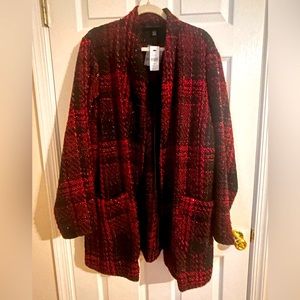 Lane Bryant Red/Black plaid tweed collarless blazer with pockets Size 28